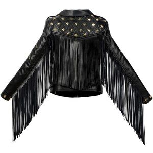 Black & Gold Star Studded Fringe Faux Leather Jacket - Size L